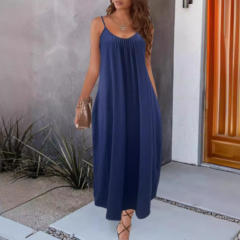🍃Tief ausgeschnittenes Kleid mit Rundhalsausschnitt und lockerem Spaghetti-Träger