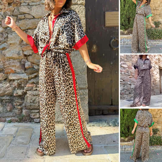 Damen-Zweiteiler mit Leopardenmuster: Hemdbluse mit Knopfleiste und Hose mit weitem Bein