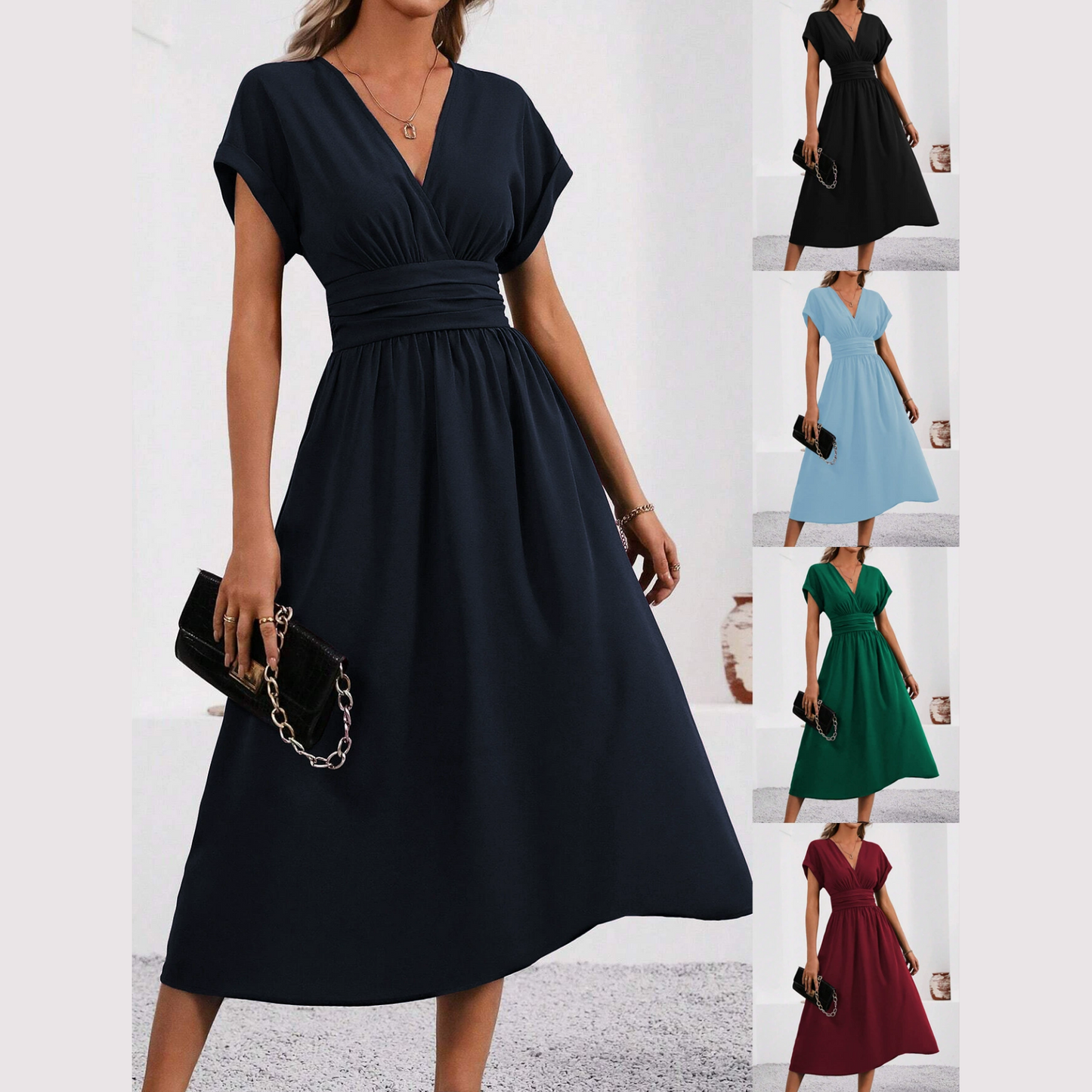 🎉Damen-Kleid mit V-Ausschnitt und eingezogener Taille