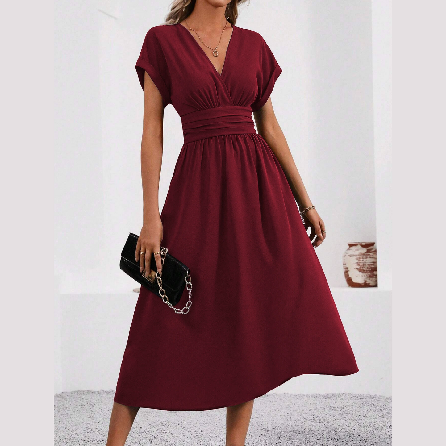 🎉Damen-Kleid mit V-Ausschnitt und eingezogener Taille