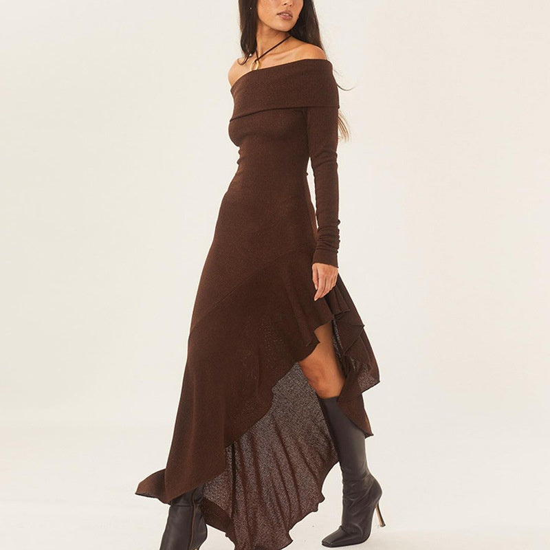 Temperament Off Shoulder Langarm Unregelmäßiger Saum Stretch Maxikleid