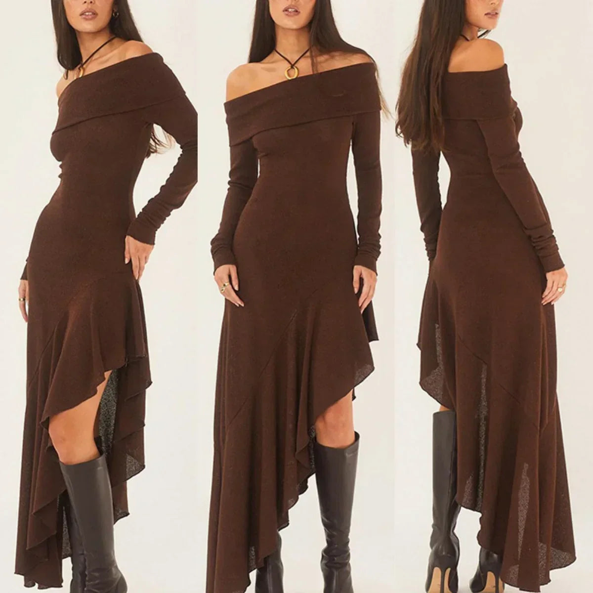 Temperament Off Shoulder Langarm Unregelmäßiger Saum Stretch Maxikleid