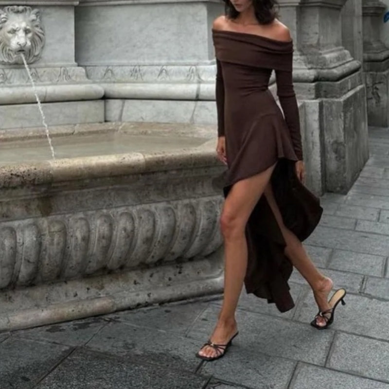 Temperament Off Shoulder Langarm Unregelmäßiger Saum Stretch Maxikleid