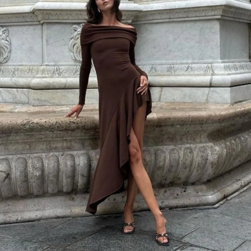 Temperament Off Shoulder Langarm Unregelmäßiger Saum Stretch Maxikleid