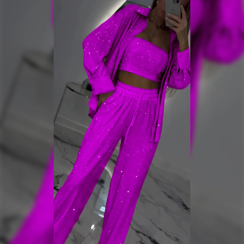 💕2025 HEISSER VERKAUF💐Paillettenblazer und weite Hose für Damen (3-teiliges Set)