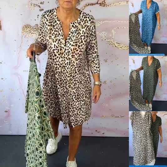 Lockeres Damenkleid mit V-Ausschnitt und Leopardenmuster