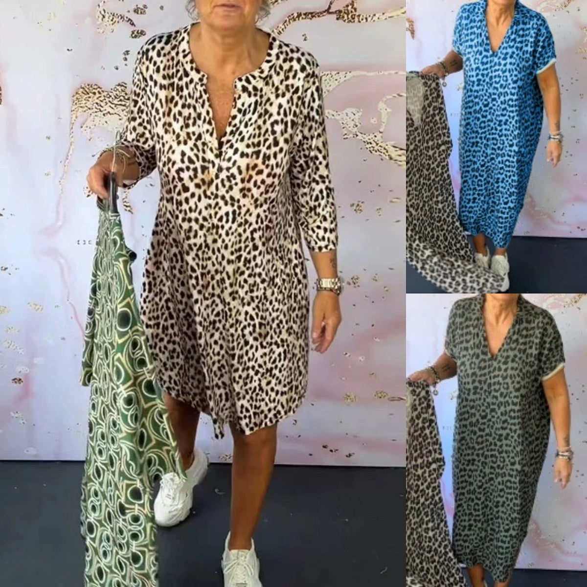 Lockeres Damenkleid mit V-Ausschnitt und Leopardenmuster