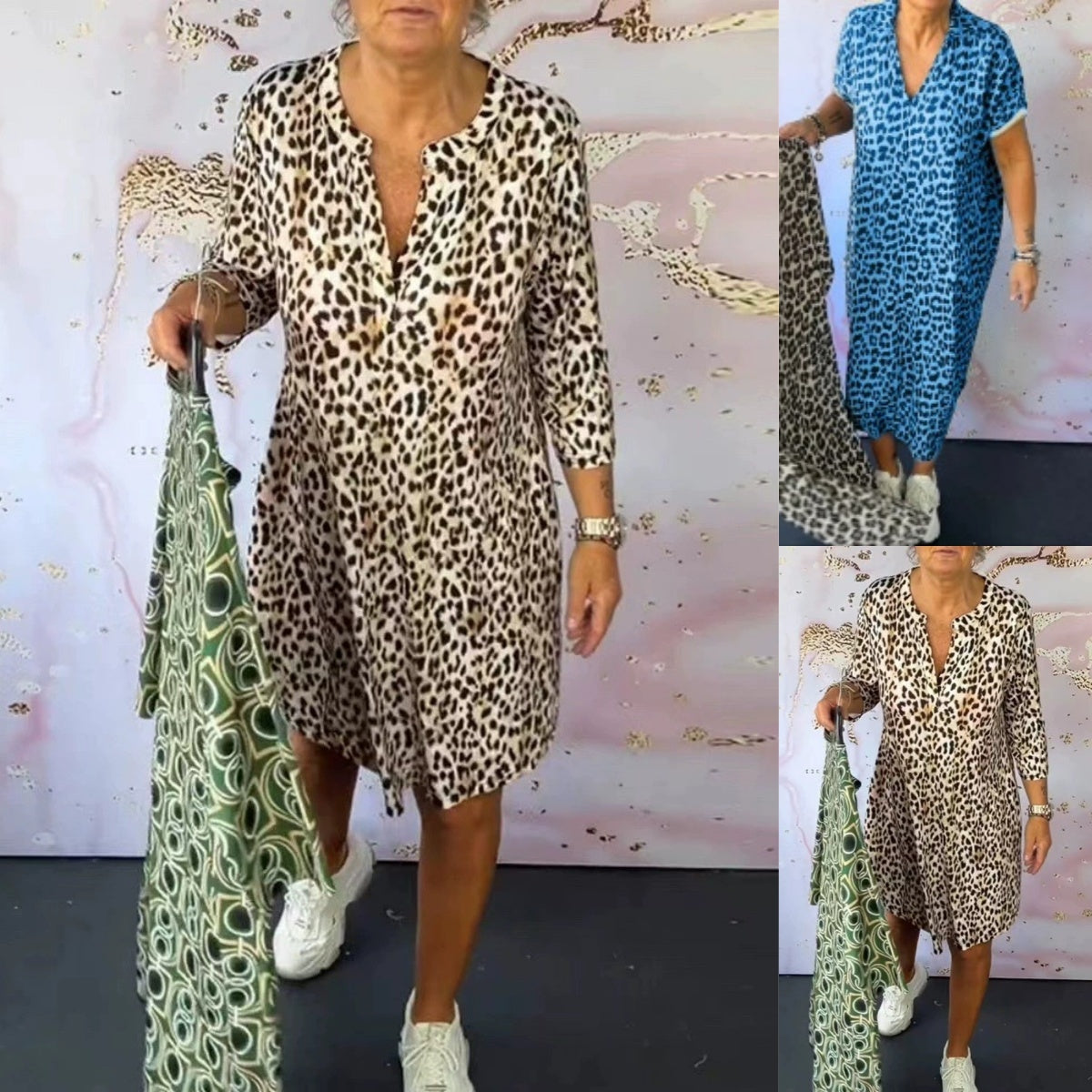 Lockeres Damenkleid mit V-Ausschnitt und Leopardenmuster