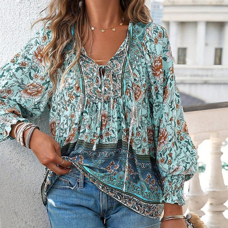 🌷🍃Damenmode bedrucktes Langarmshirt mit V-Ausschnitt