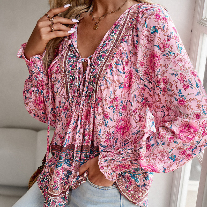🌷🍃Damenmode bedrucktes Langarmshirt mit V-Ausschnitt