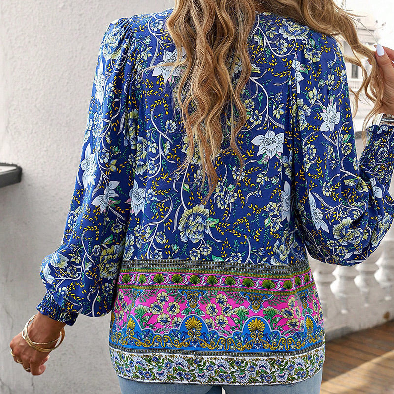 🌷🍃Damenmode bedrucktes Langarmshirt mit V-Ausschnitt