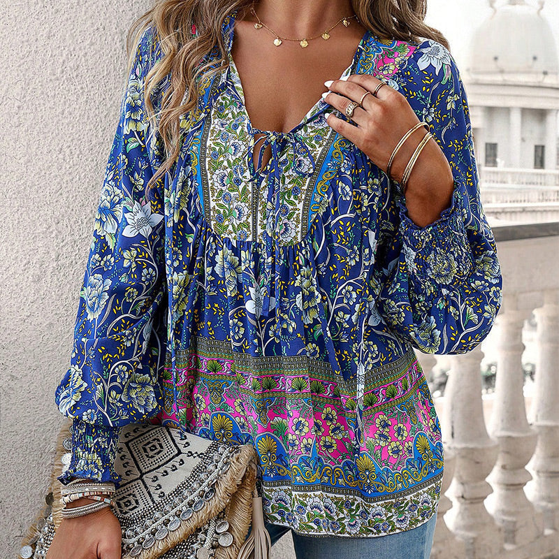 🌷🍃Damenmode bedrucktes Langarmshirt mit V-Ausschnitt