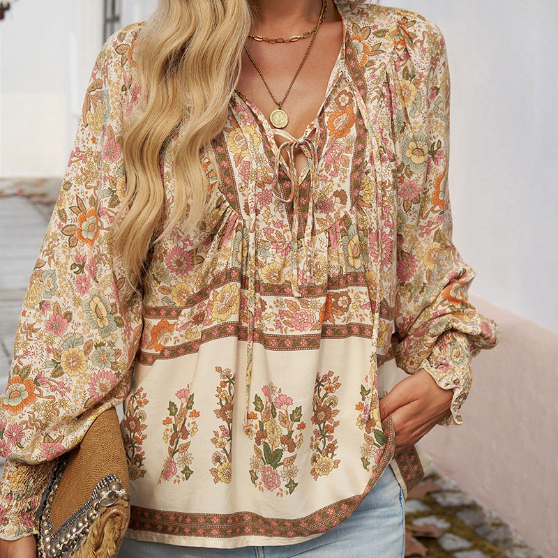 🌷🍃Damenmode bedrucktes Langarmshirt mit V-Ausschnitt