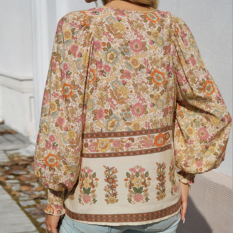 🌷🍃Damenmode bedrucktes Langarmshirt mit V-Ausschnitt