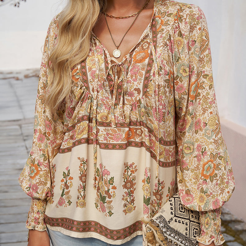 🌷🍃Damenmode bedrucktes Langarmshirt mit V-Ausschnitt