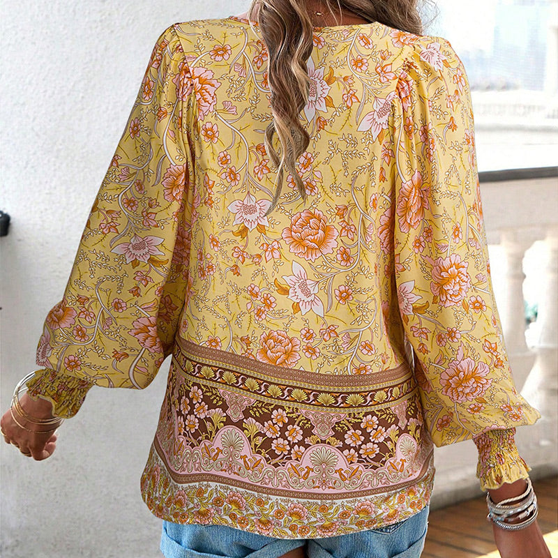 🌷🍃Damenmode bedrucktes Langarmshirt mit V-Ausschnitt