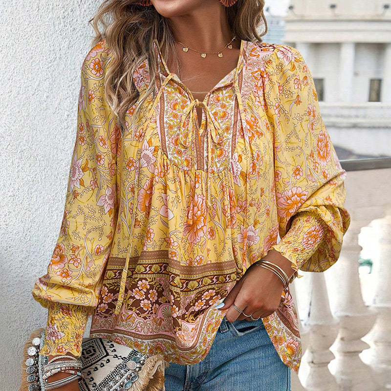 🌷🍃Damenmode bedrucktes Langarmshirt mit V-Ausschnitt