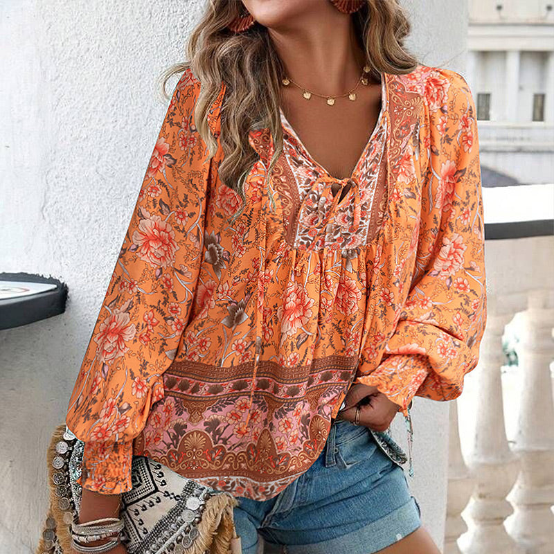 🌷🍃Damenmode bedrucktes Langarmshirt mit V-Ausschnitt