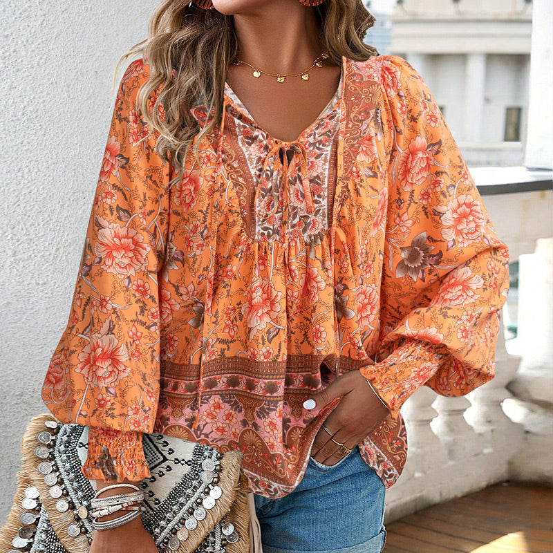 🌷🍃Damenmode bedrucktes Langarmshirt mit V-Ausschnitt