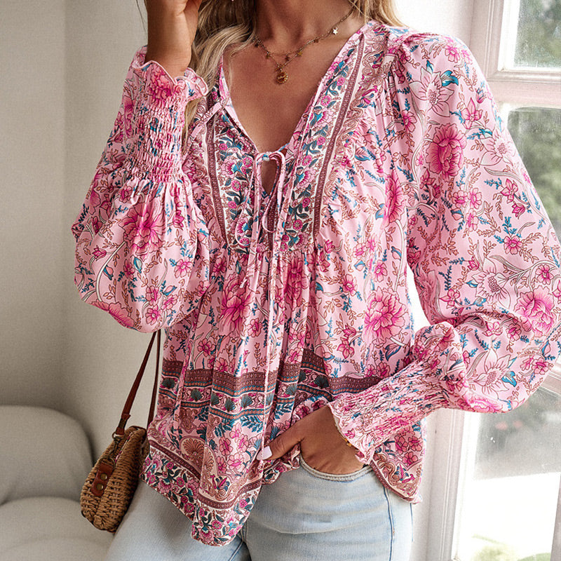 🌷🍃Damenmode bedrucktes Langarmshirt mit V-Ausschnitt