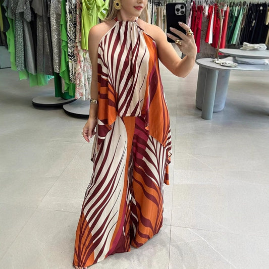 Bedrucktes High-Low-Träger-Top und Hose mit weitem Bein