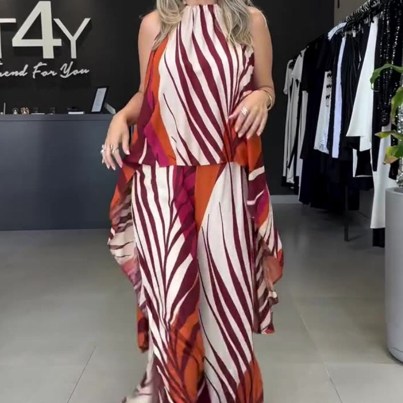 Bedrucktes High-Low-Träger-Top und Hose mit weitem Bein