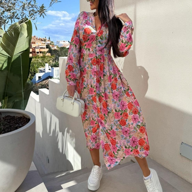 Modisches, langärmeliges, taillenbetontes Blumenkleid mit V-Ausschnitt und Knopfleiste