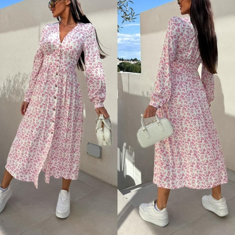 Modisches, langärmeliges, taillenbetontes Blumenkleid mit V-Ausschnitt und Knopfleiste