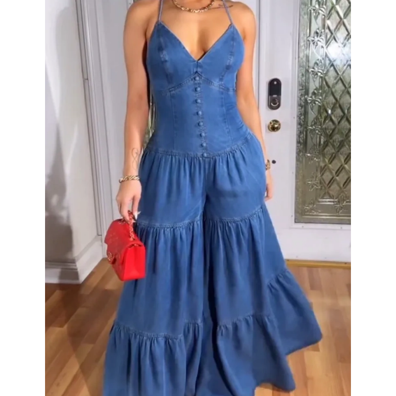 Sexy rückenfreier Jumpsuit mit V-Ausschnitt für Damen