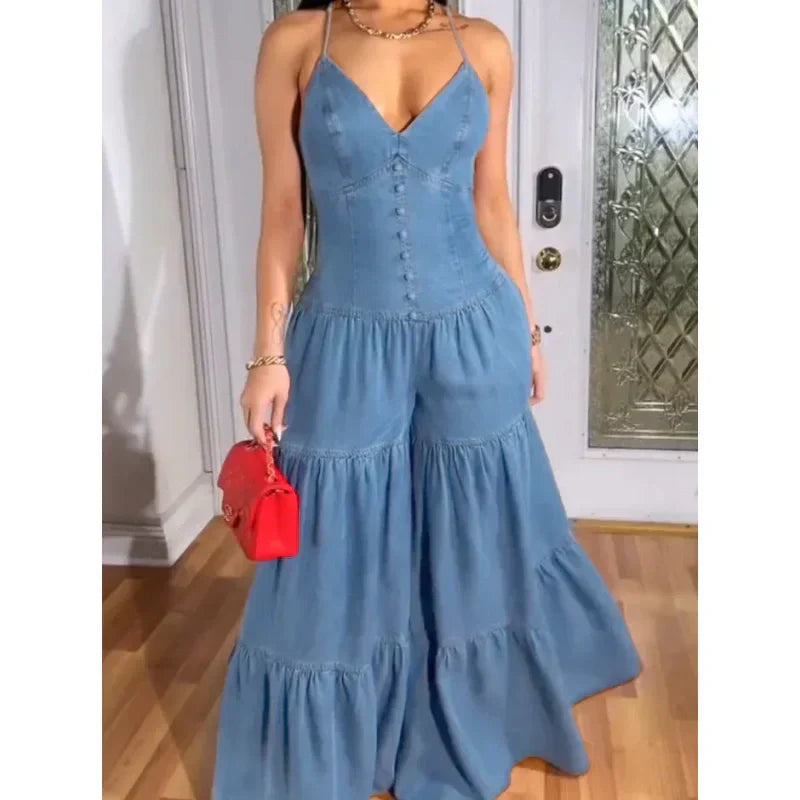 Sexy rückenfreier Jumpsuit mit V-Ausschnitt für Damen