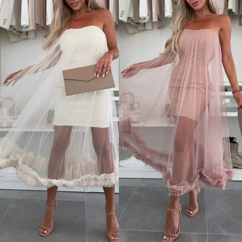 🌸✨Trägerloses Damen-Kleid mit Tüll-Schicht und Rüschenbesatz