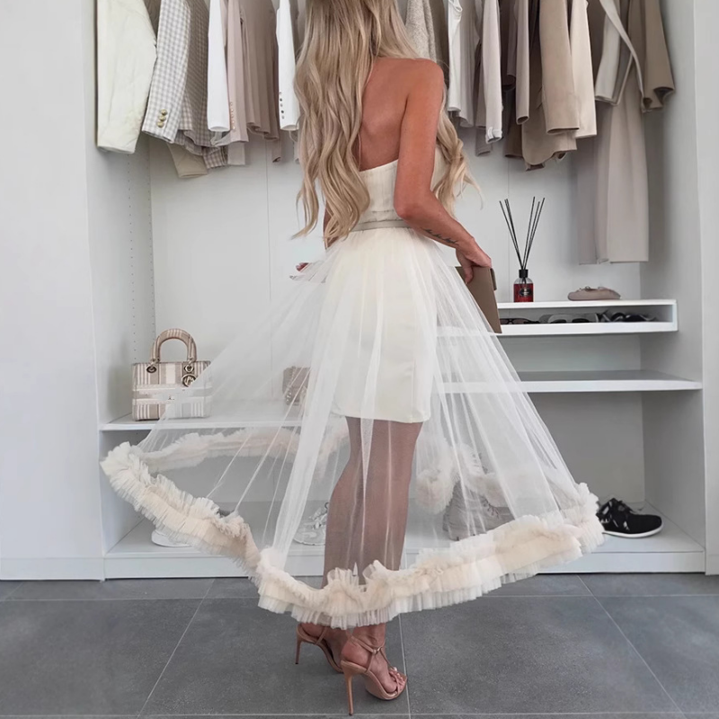 🌸✨Trägerloses Damen-Kleid mit Tüll-Schicht und Rüschenbesatz