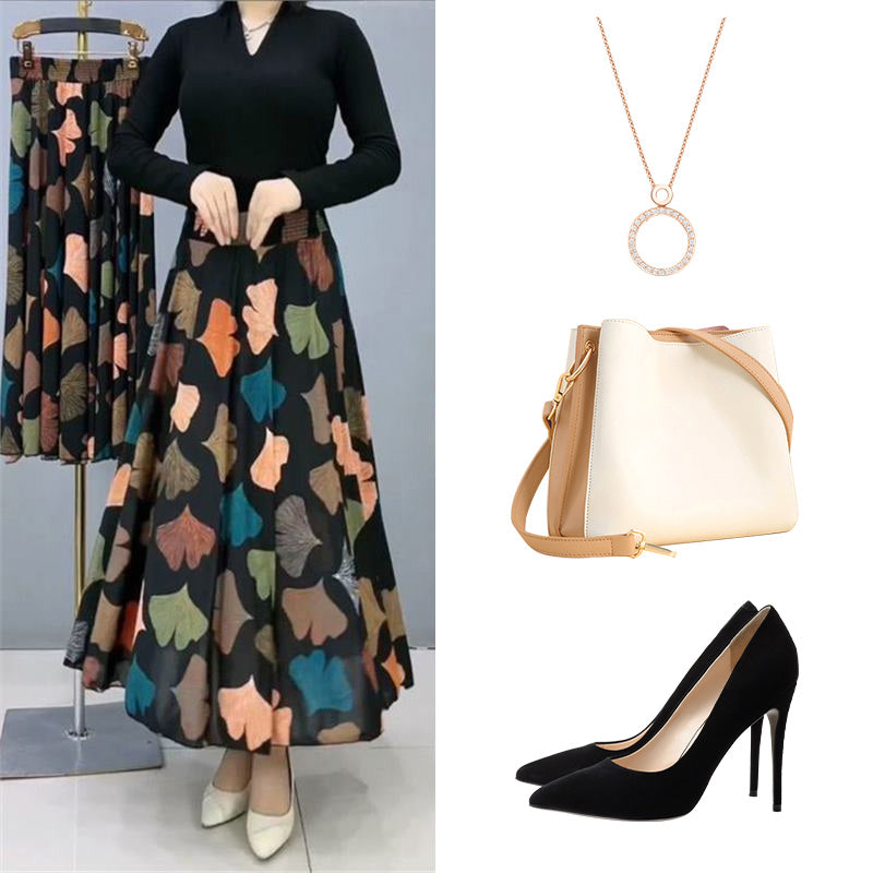 Damenmode Hohe Taille Floral Plissierter Langer Rock