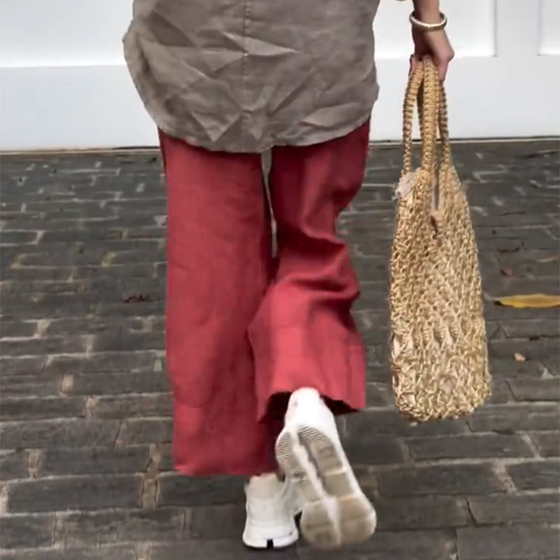 Knöchellange Hose aus Baumwollleinen mit weitem Bein für Damen