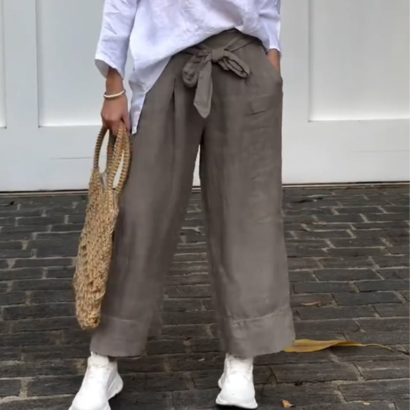 Knöchellange Hose aus Baumwollleinen mit weitem Bein für Damen