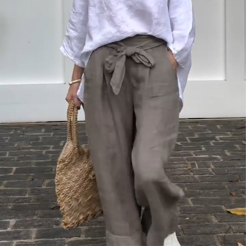 Knöchellange Hose aus Baumwollleinen mit weitem Bein für Damen
