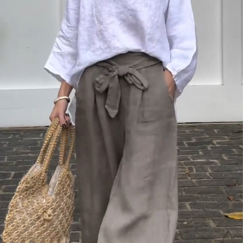 Knöchellange Hose aus Baumwollleinen mit weitem Bein für Damen