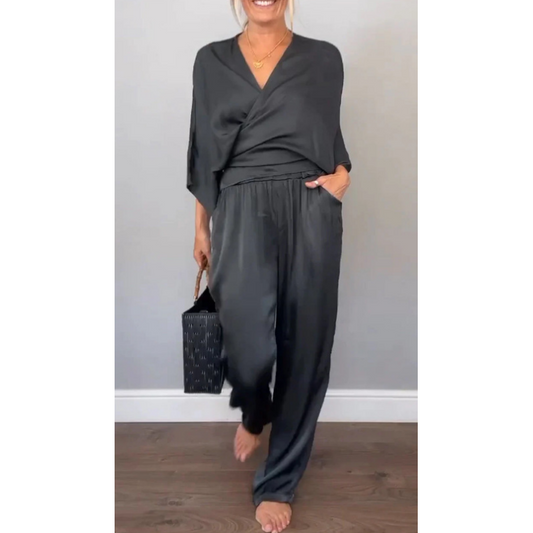 2-teiliges Wickel-Set aus Oberteil und Hose mit V-Ausschnitt für Damen