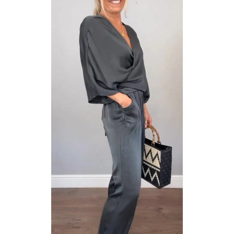 2-teiliges Wickel-Set aus Oberteil und Hose mit V-Ausschnitt für Damen