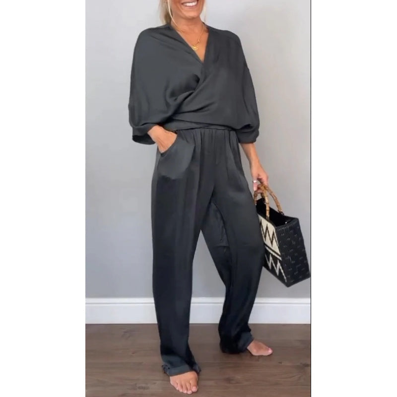 2-teiliges Wickel-Set aus Oberteil und Hose mit V-Ausschnitt für Damen