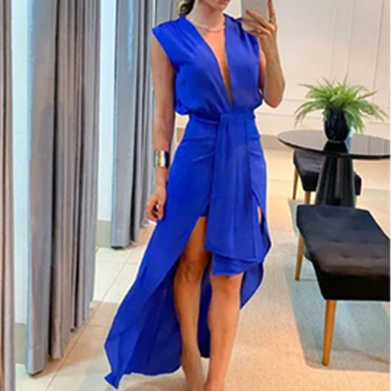 Ärmelloses High-Low-Kleid mit tiefem V-Ausschnitt