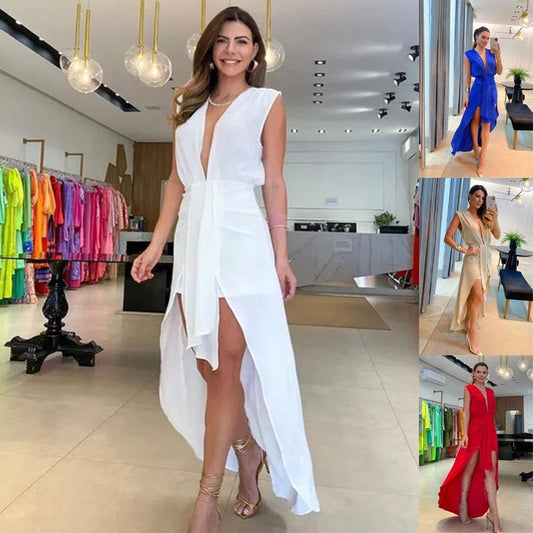Ärmelloses High-Low-Kleid mit tiefem V-Ausschnitt