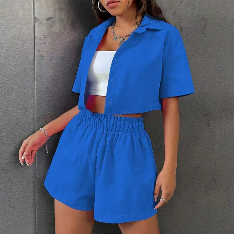 Kurzes Button-Down-Shirt und Shorts-Set für Damen