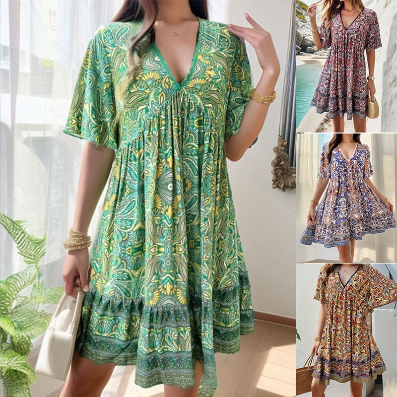 👗Minikleid mit Blumenmuster und V-Ausschnitt und kurzen Ärmeln für Damen