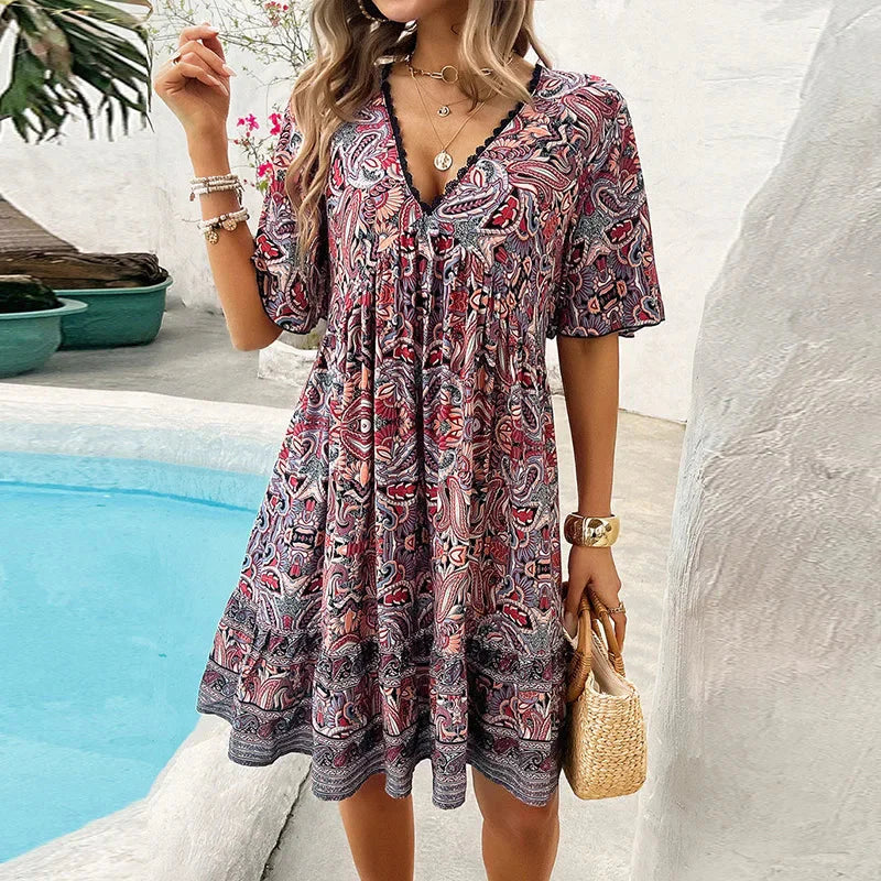👗Minikleid mit Blumenmuster und V-Ausschnitt und kurzen Ärmeln für Damen