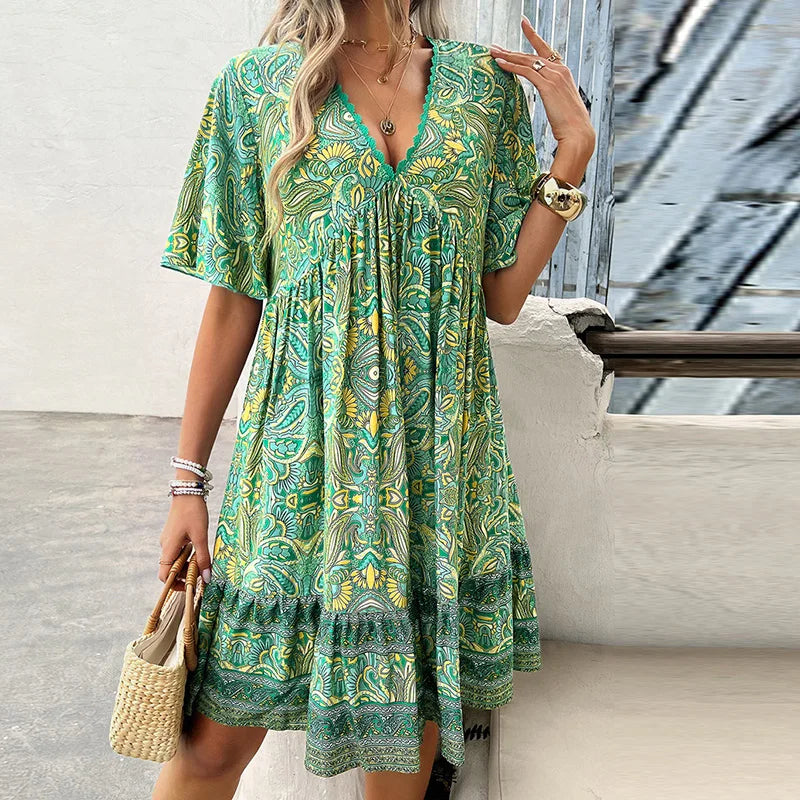 👗Minikleid mit Blumenmuster und V-Ausschnitt und kurzen Ärmeln für Damen