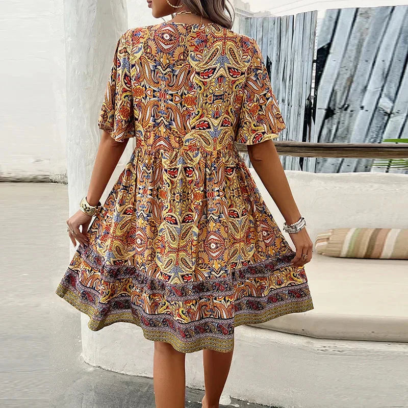 👗Minikleid mit Blumenmuster und V-Ausschnitt und kurzen Ärmeln für Damen