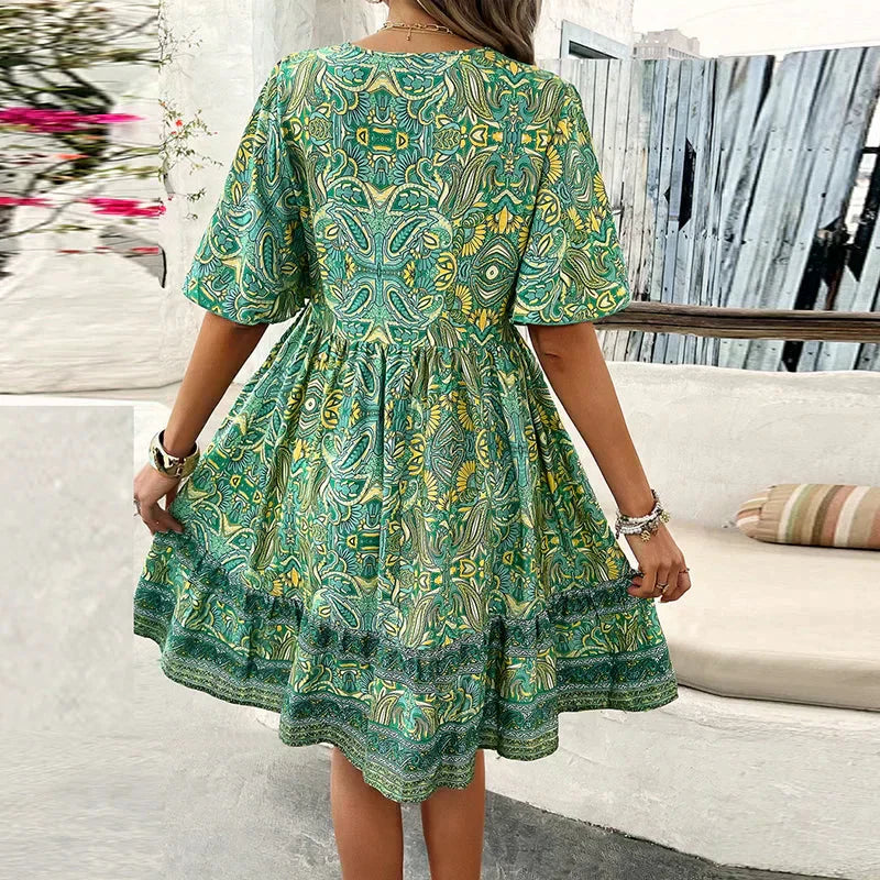 👗Minikleid mit Blumenmuster und V-Ausschnitt und kurzen Ärmeln für Damen