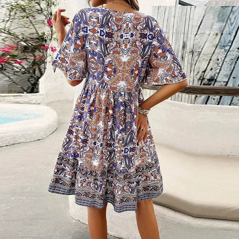 👗Minikleid mit Blumenmuster und V-Ausschnitt und kurzen Ärmeln für Damen
