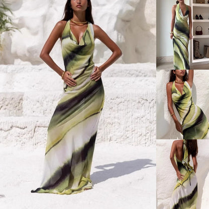 Damen Sexy Bedrucktes Rückenfreies Neckholder-Maxikleid